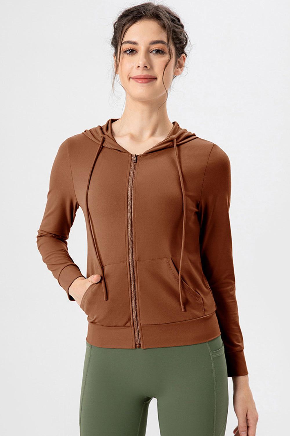Drawstring Zip Up Hooded Active Outerwear - Clothes For Her Online Store