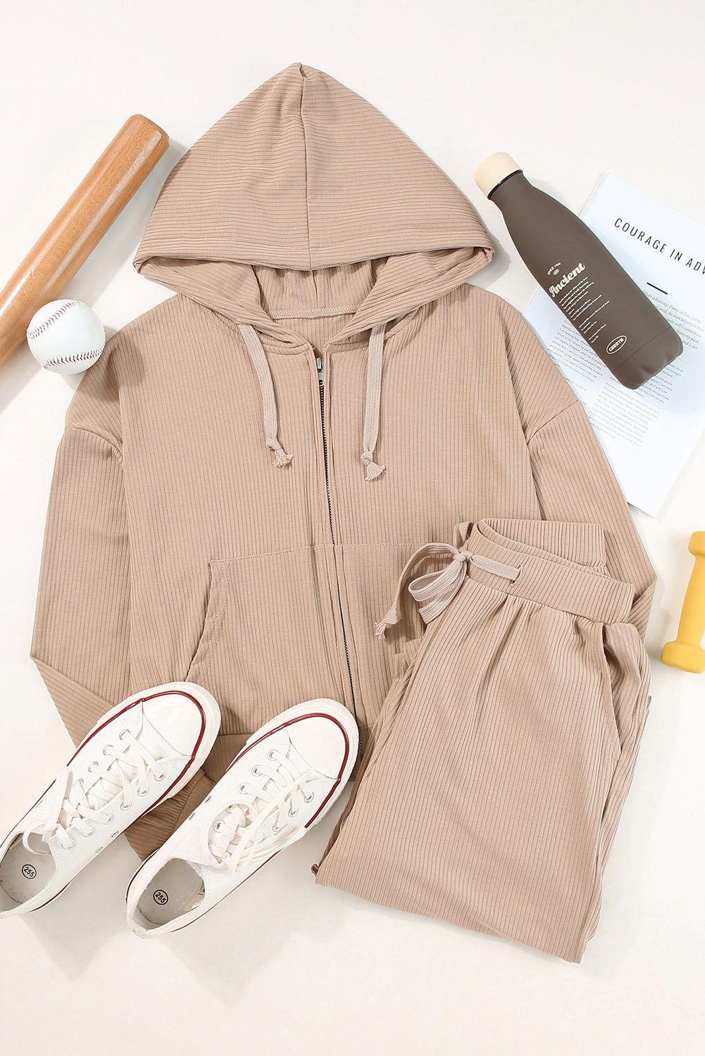 Drawstring Zip Up Hoodie and Pants Active Set - Clothes For Her Online Store