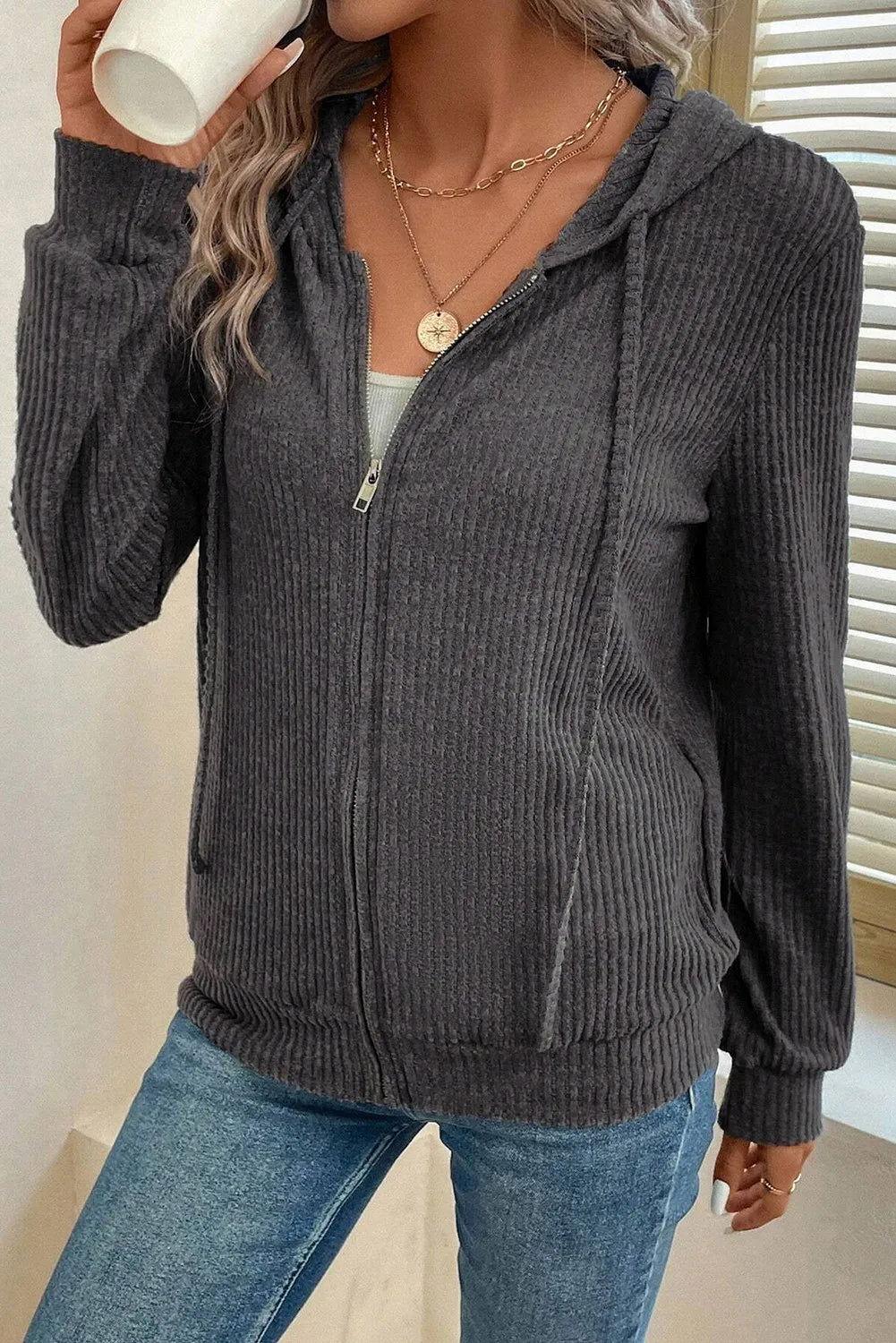 Drawstring Zip Up Long Sleeve Hooded Jacket - Clothes For Her Online Store
