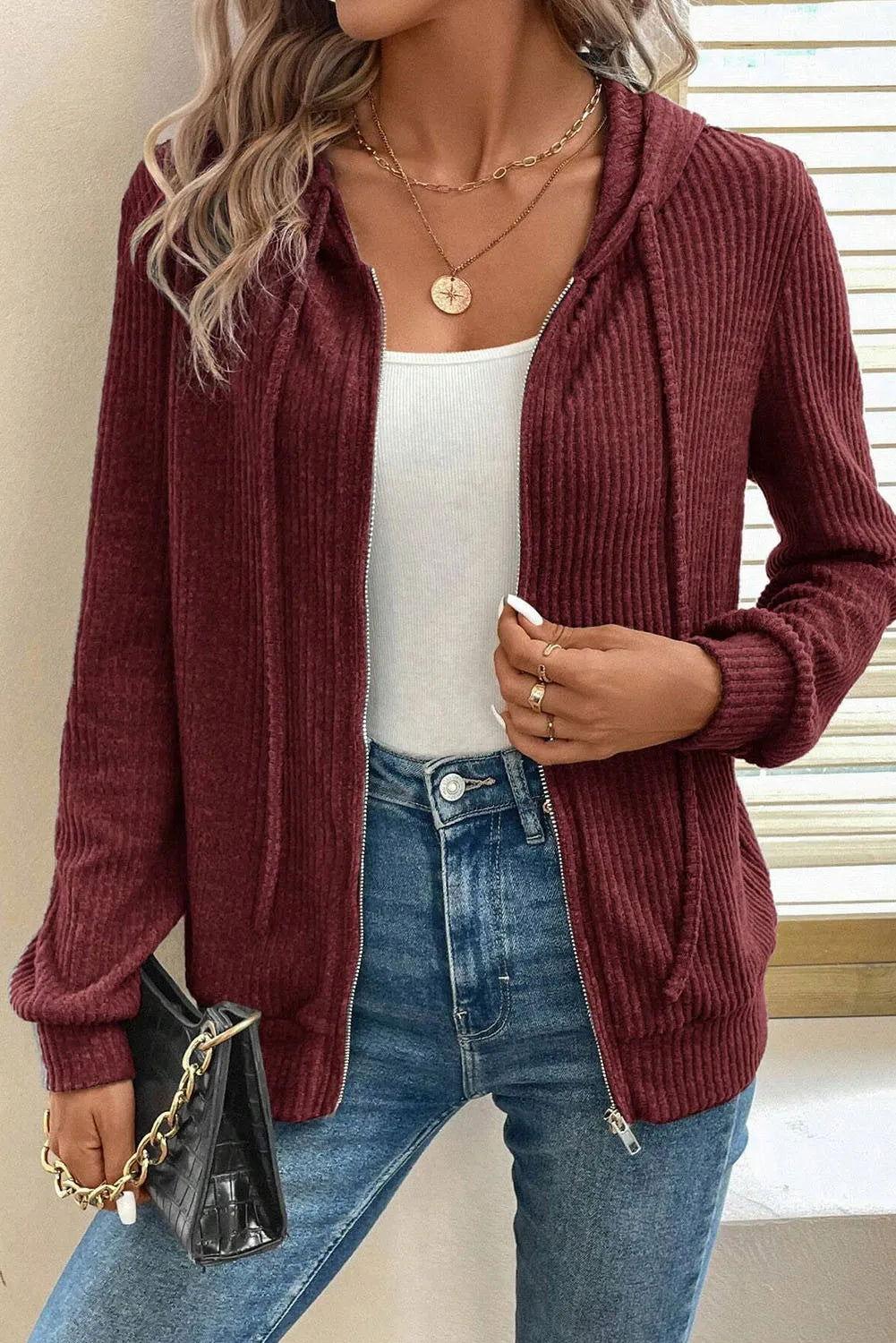 Drawstring Zip Up Long Sleeve Hooded Jacket - Clothes For Her Online Store