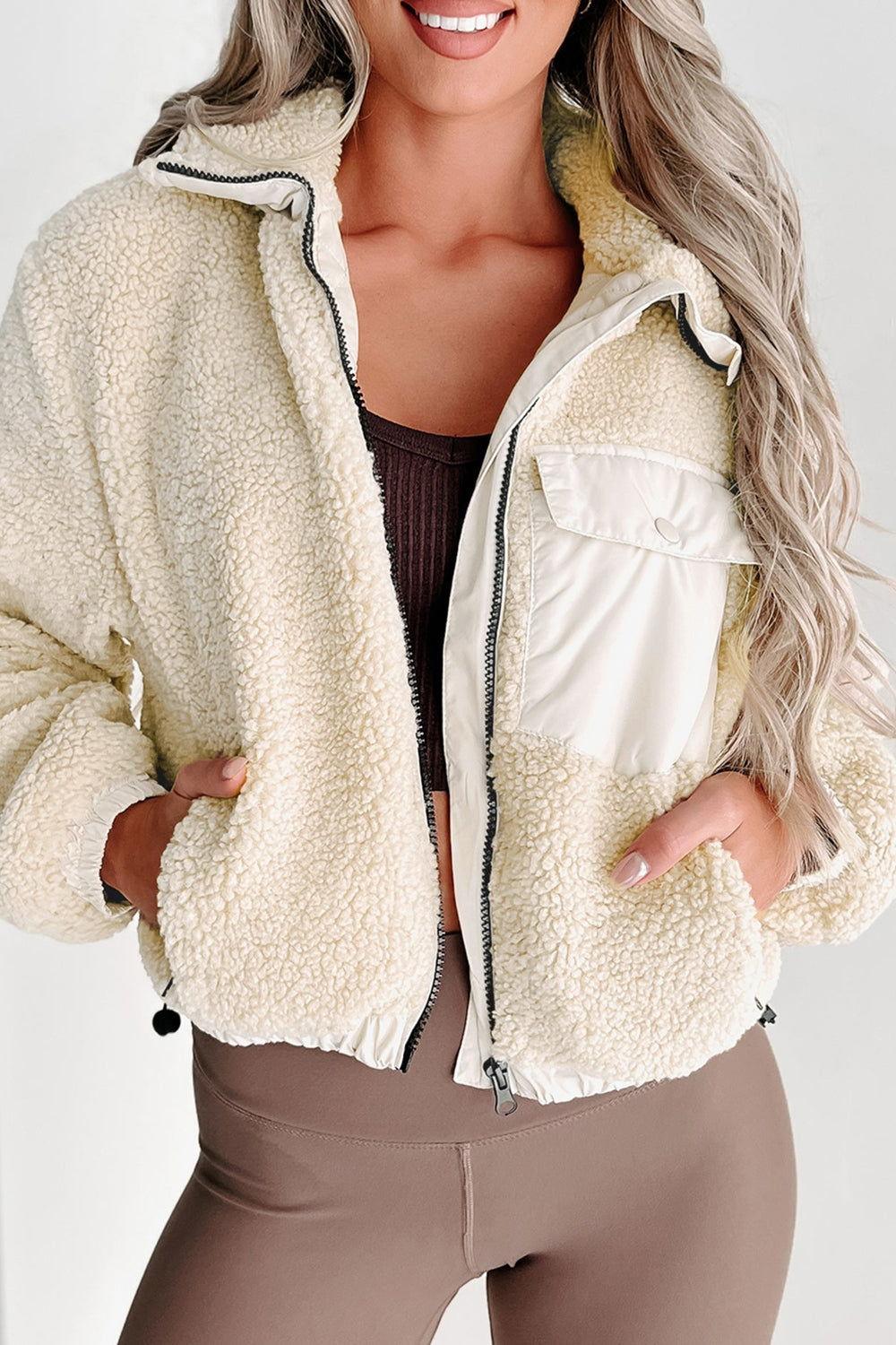 Drawstring Zip Up Sherpa Jacket with Removable Hood - Clothes For Her Online Store