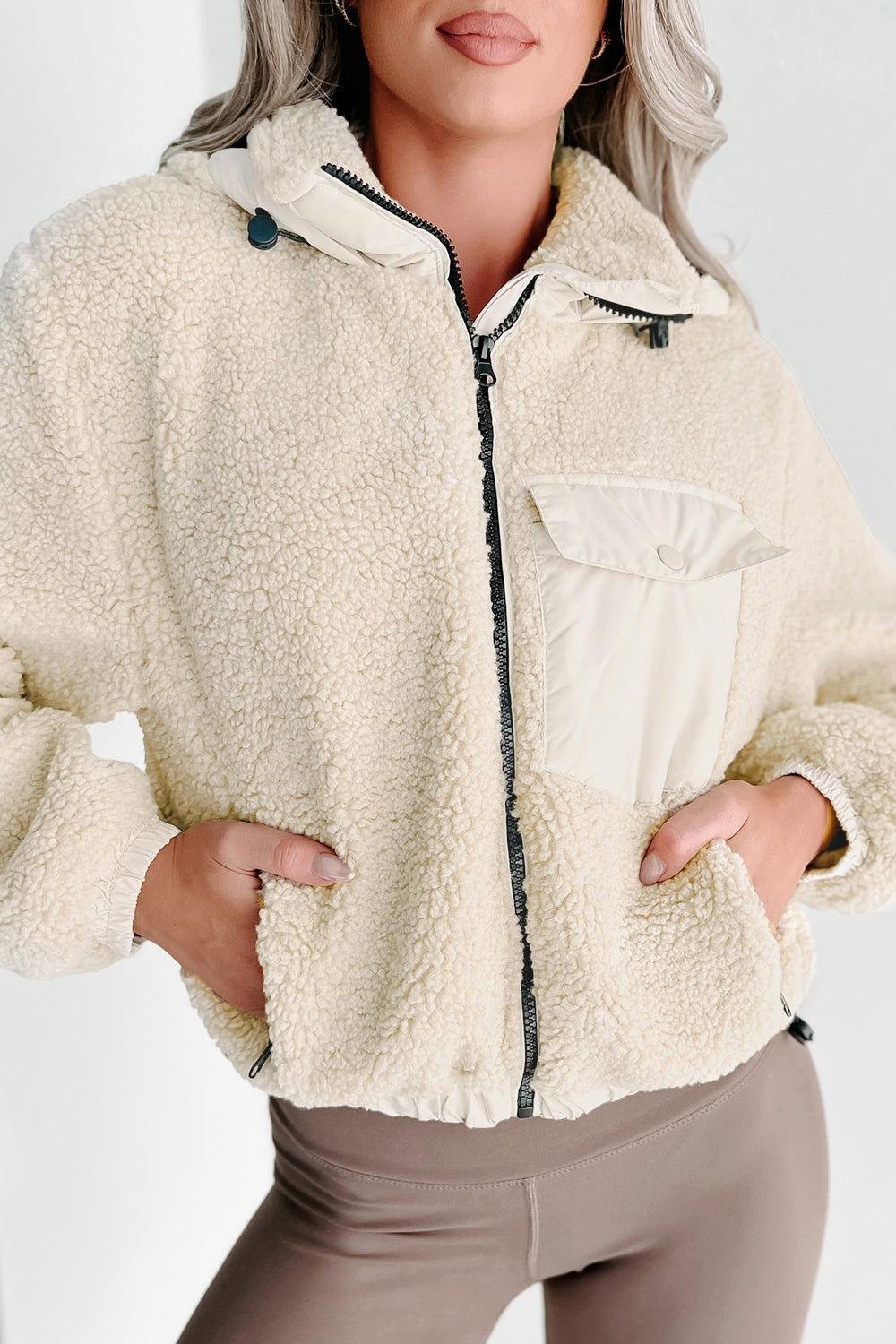 Drawstring Zip Up Sherpa Jacket with Removable Hood - Clothes For Her Online Store