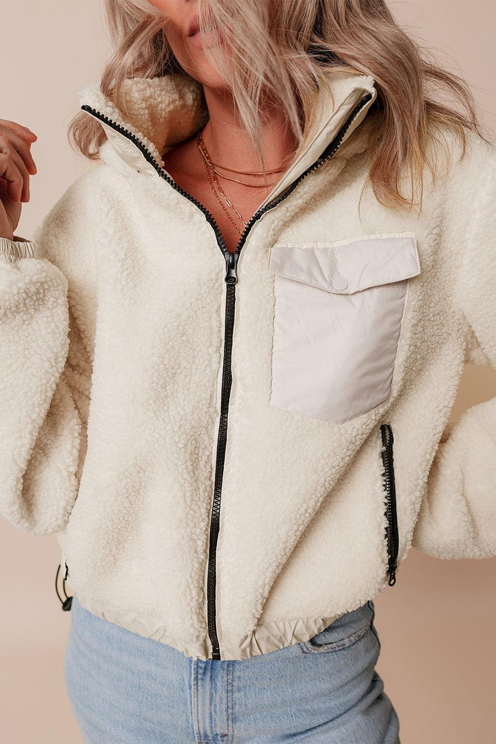 Drawstring Zip Up Sherpa Jacket with Removable Hood - Clothes For Her Online Store