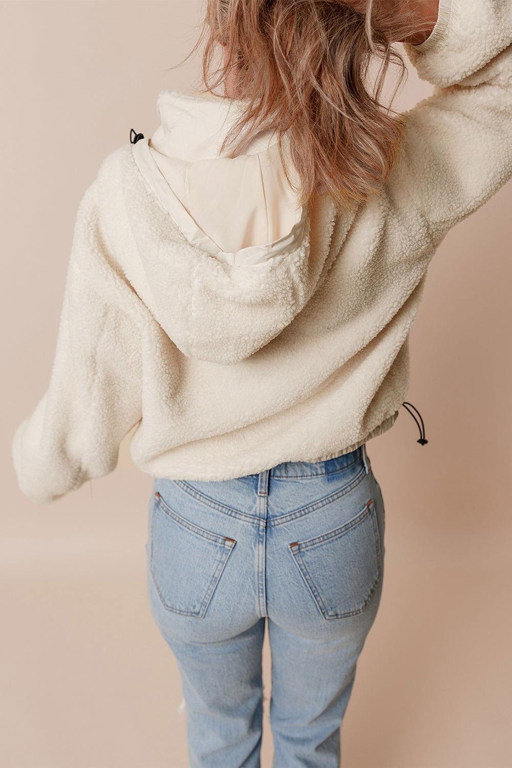Drawstring Zip Up Sherpa Jacket with Removable Hood - Clothes For Her Online Store