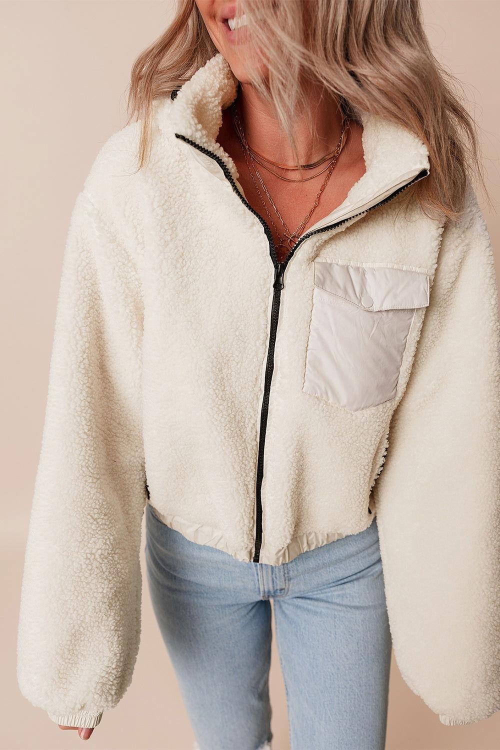 Drawstring Zip Up Sherpa Jacket with Removable Hood - Clothes For Her Online Store