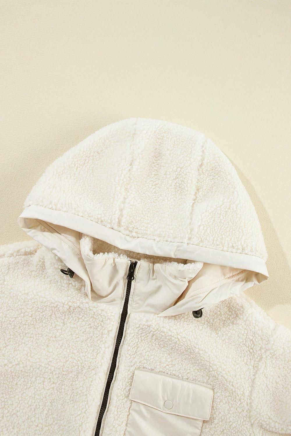 Drawstring Zip Up Sherpa Jacket with Removable Hood - Clothes For Her Online Store