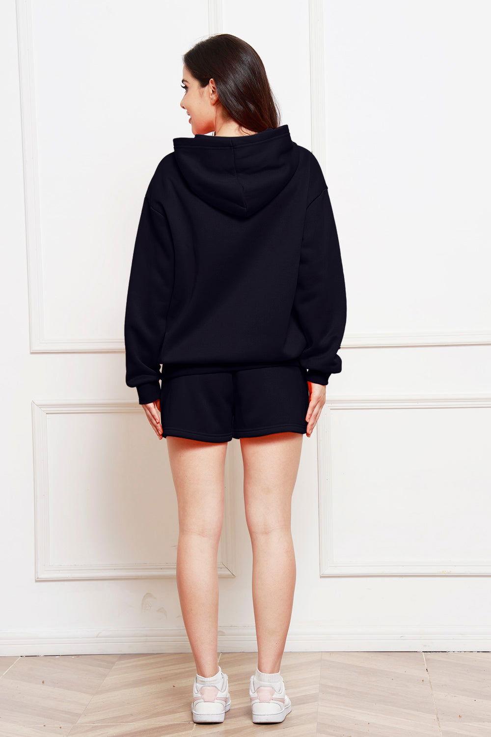 Drop Shoulder Long Sleeve Hoodie and Shorts Set - Clothes For Her Online Store