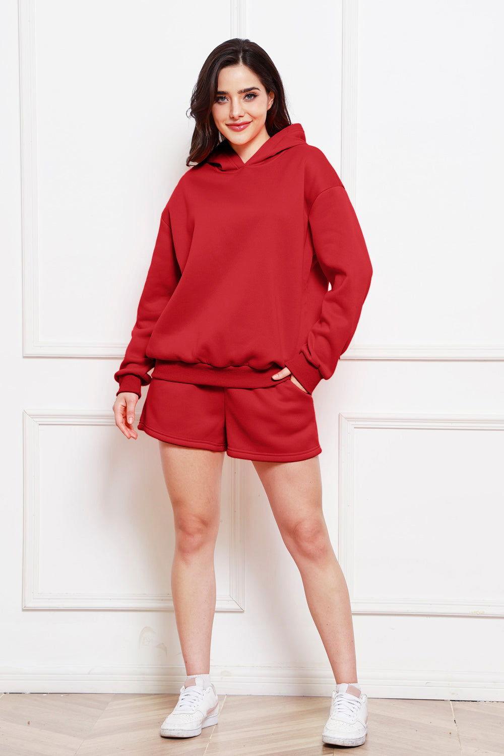 Drop Shoulder Long Sleeve Hoodie and Shorts Set - Clothes For Her Online Store