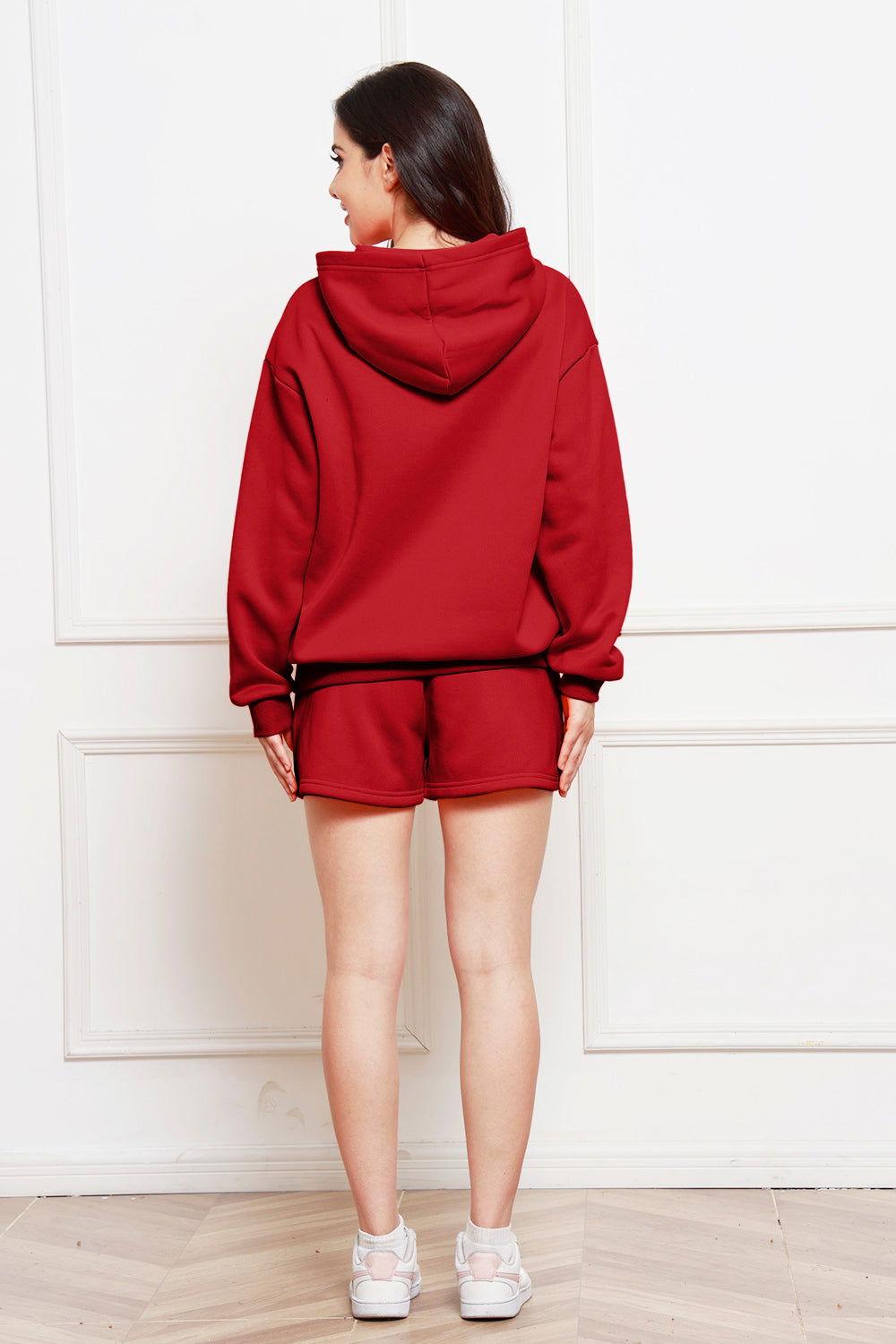 Drop Shoulder Long Sleeve Hoodie and Shorts Set - Clothes For Her Online Store