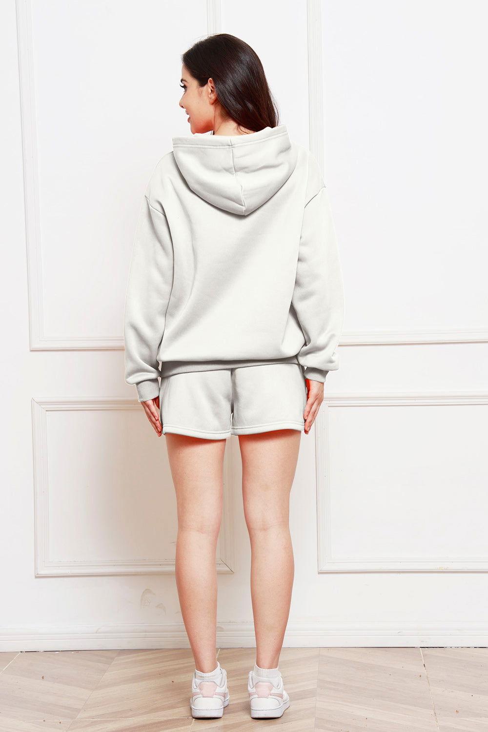 Drop Shoulder Long Sleeve Hoodie and Shorts Set - Clothes For Her Online Store