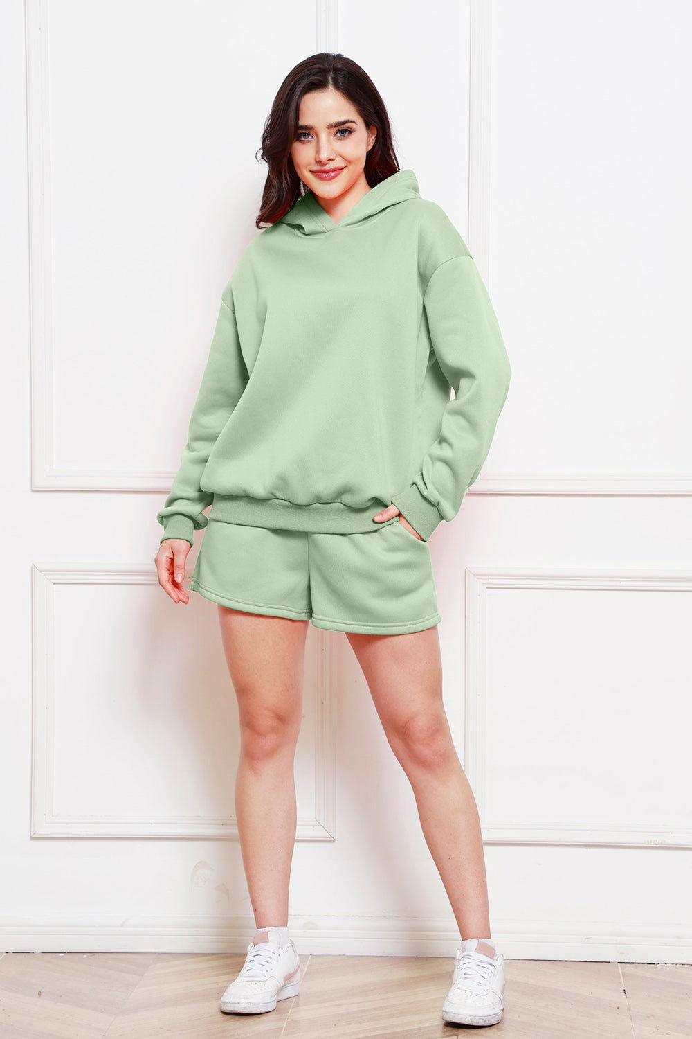 Drop Shoulder Long Sleeve Hoodie and Shorts Set - Clothes For Her Online Store