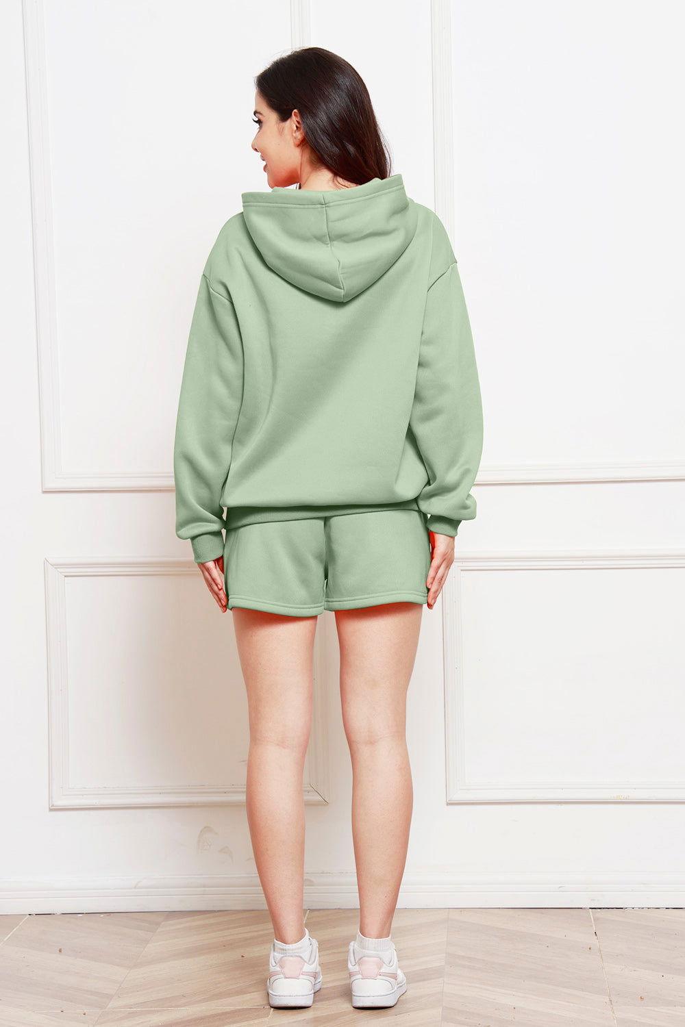 Drop Shoulder Long Sleeve Hoodie and Shorts Set - Clothes For Her Online Store