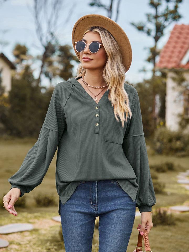 Dropped Shoulder Button-Down Hoodie - Clothes For Her Online Store
