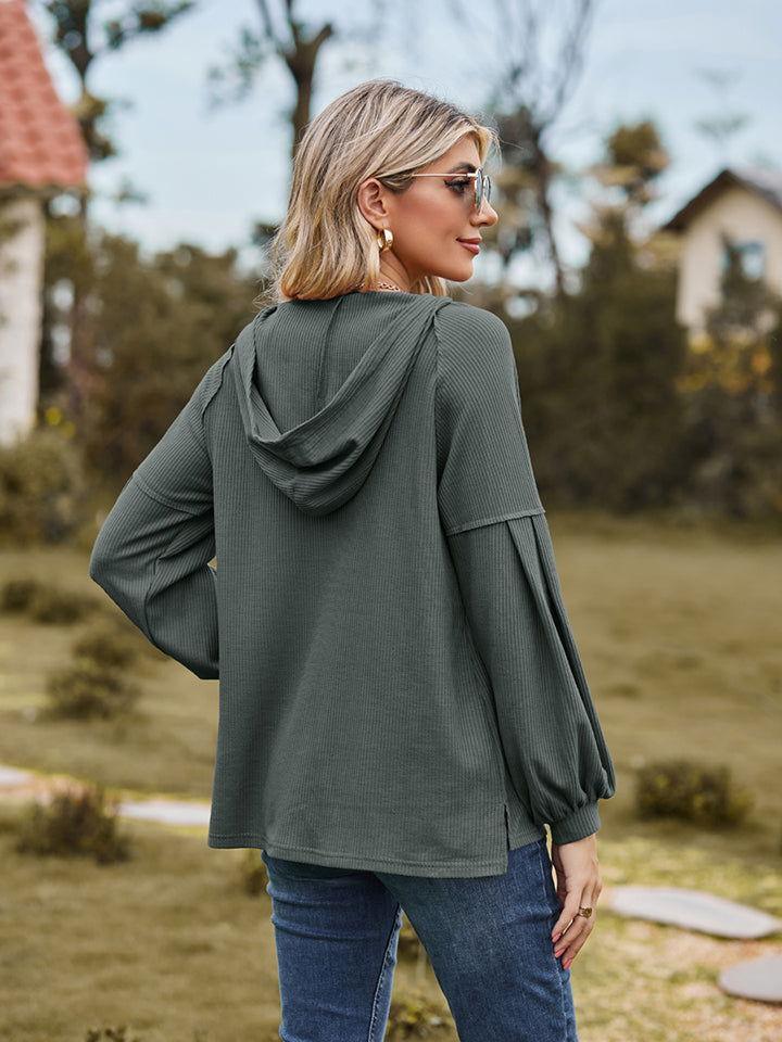 Dropped Shoulder Button-Down Hoodie - Clothes For Her Online Store