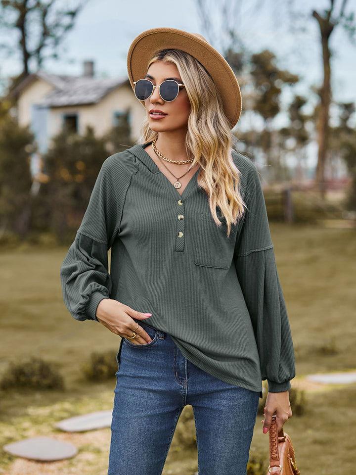 Dropped Shoulder Button-Down Hoodie - Clothes For Her Online Store