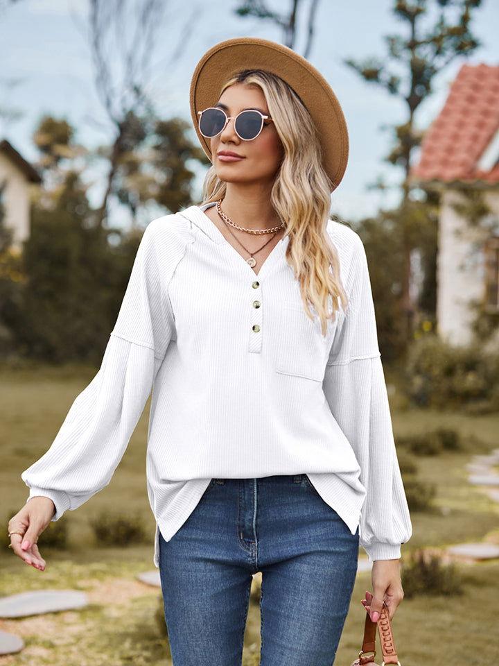 Dropped Shoulder Button-Down Hoodie - Clothes For Her Online Store