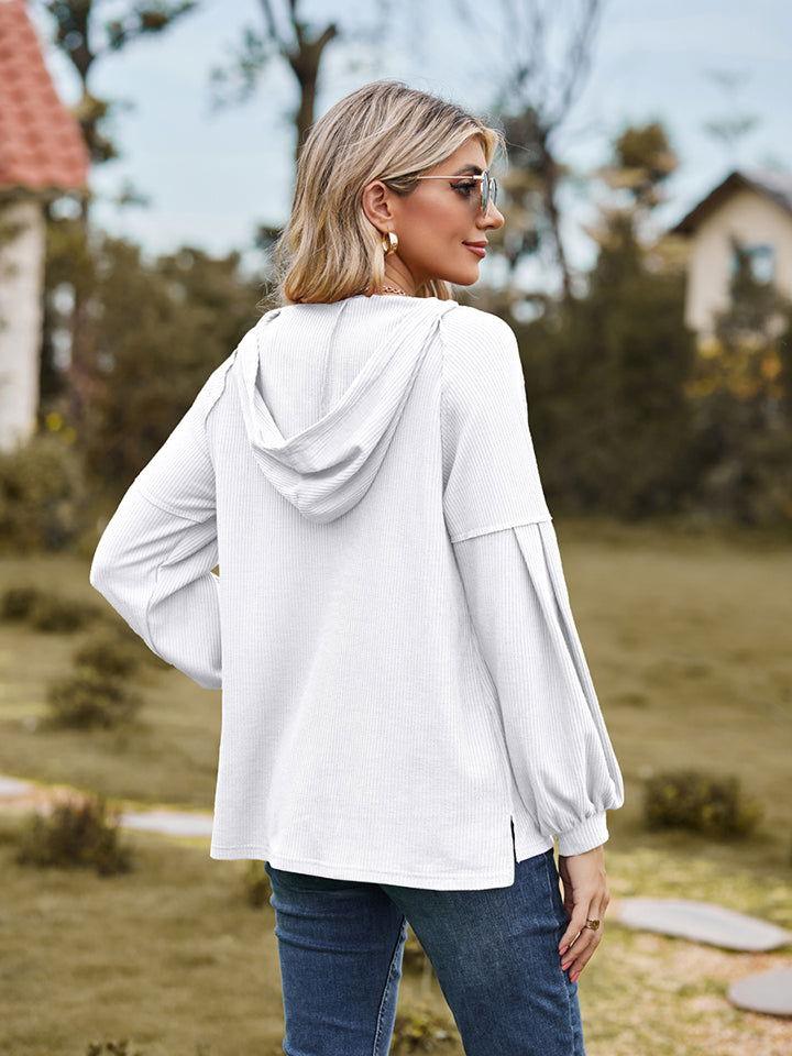 Dropped Shoulder Button-Down Hoodie - Clothes For Her Online Store