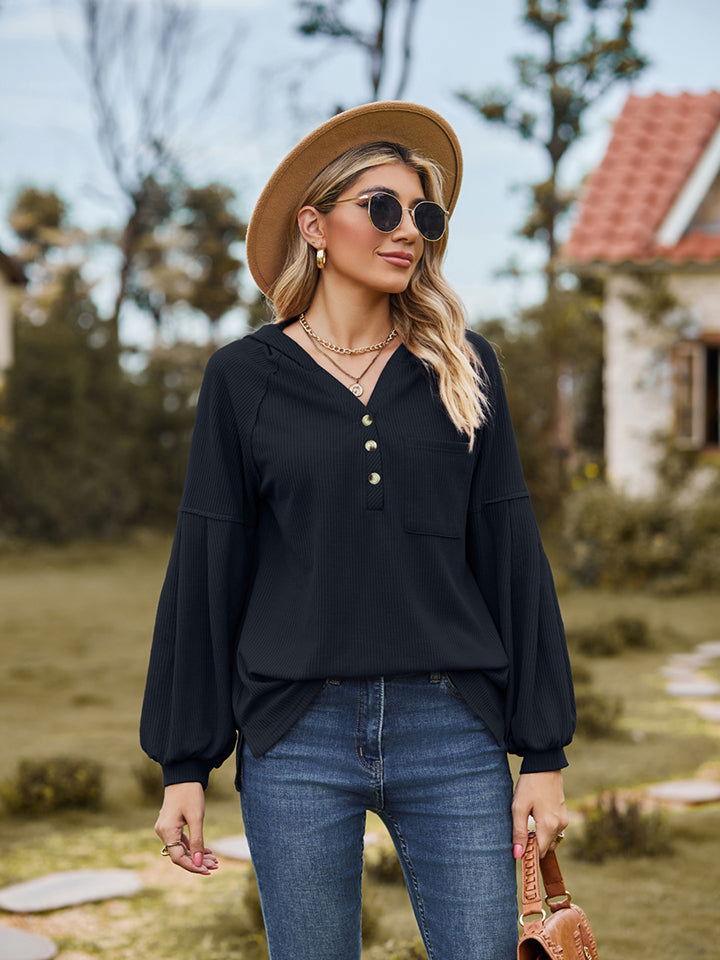 Dropped Shoulder Button-Down Hoodie - Clothes For Her Online Store