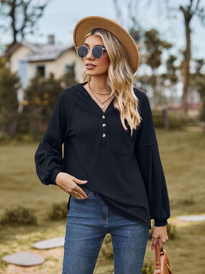 Dropped Shoulder Button-Down Hoodie - Clothes For Her Online Store
