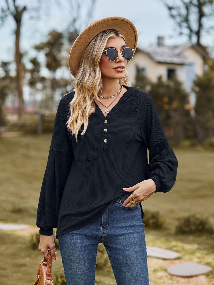 Dropped Shoulder Button-Down Hoodie - Clothes For Her Online Store