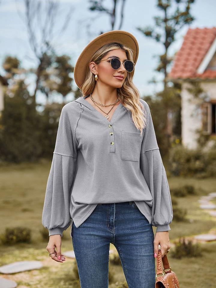 Dropped Shoulder Button-Down Hoodie - Clothes For Her Online Store