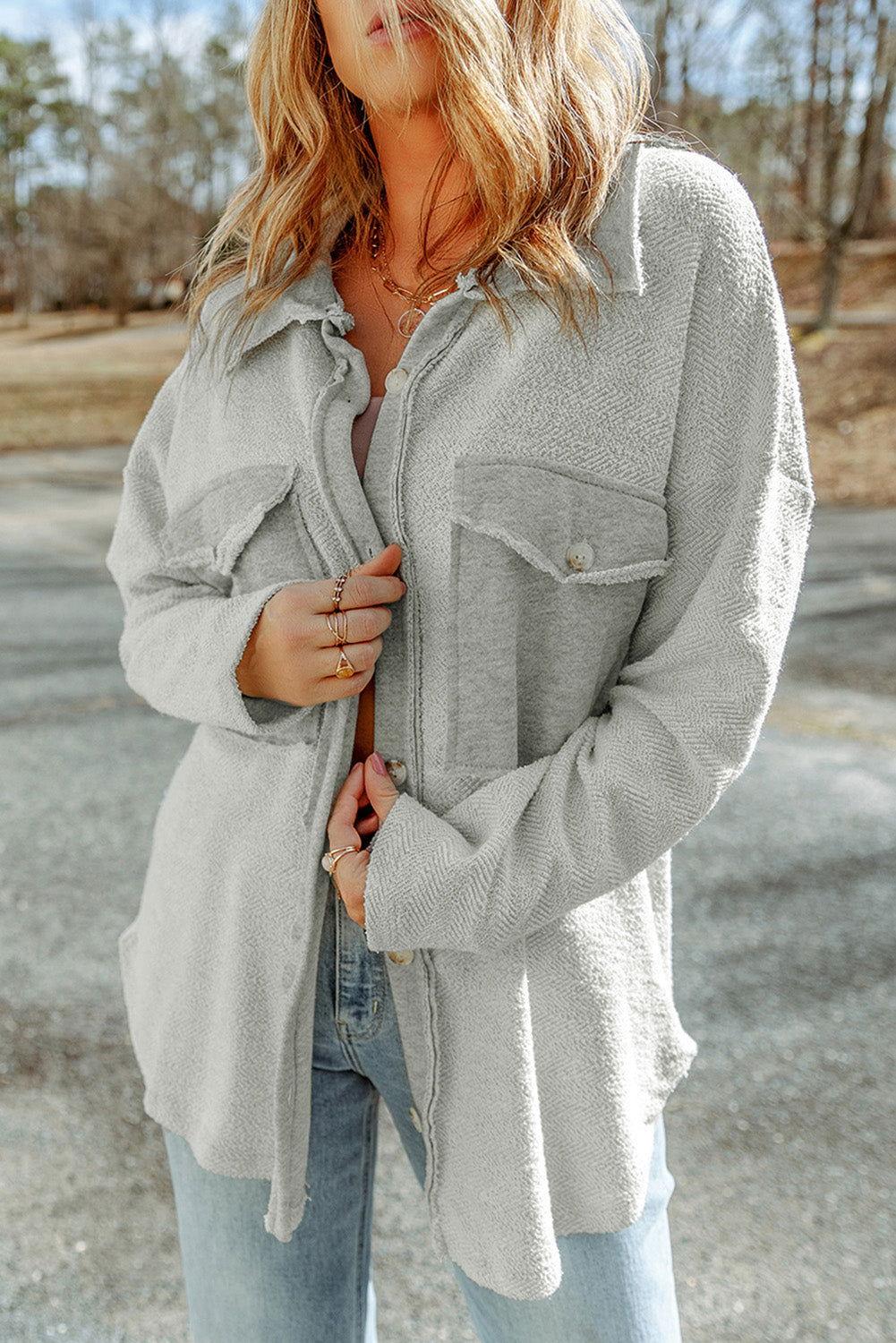 Dropped Shoulder Collared Jacket - Clothes For Her Online Store