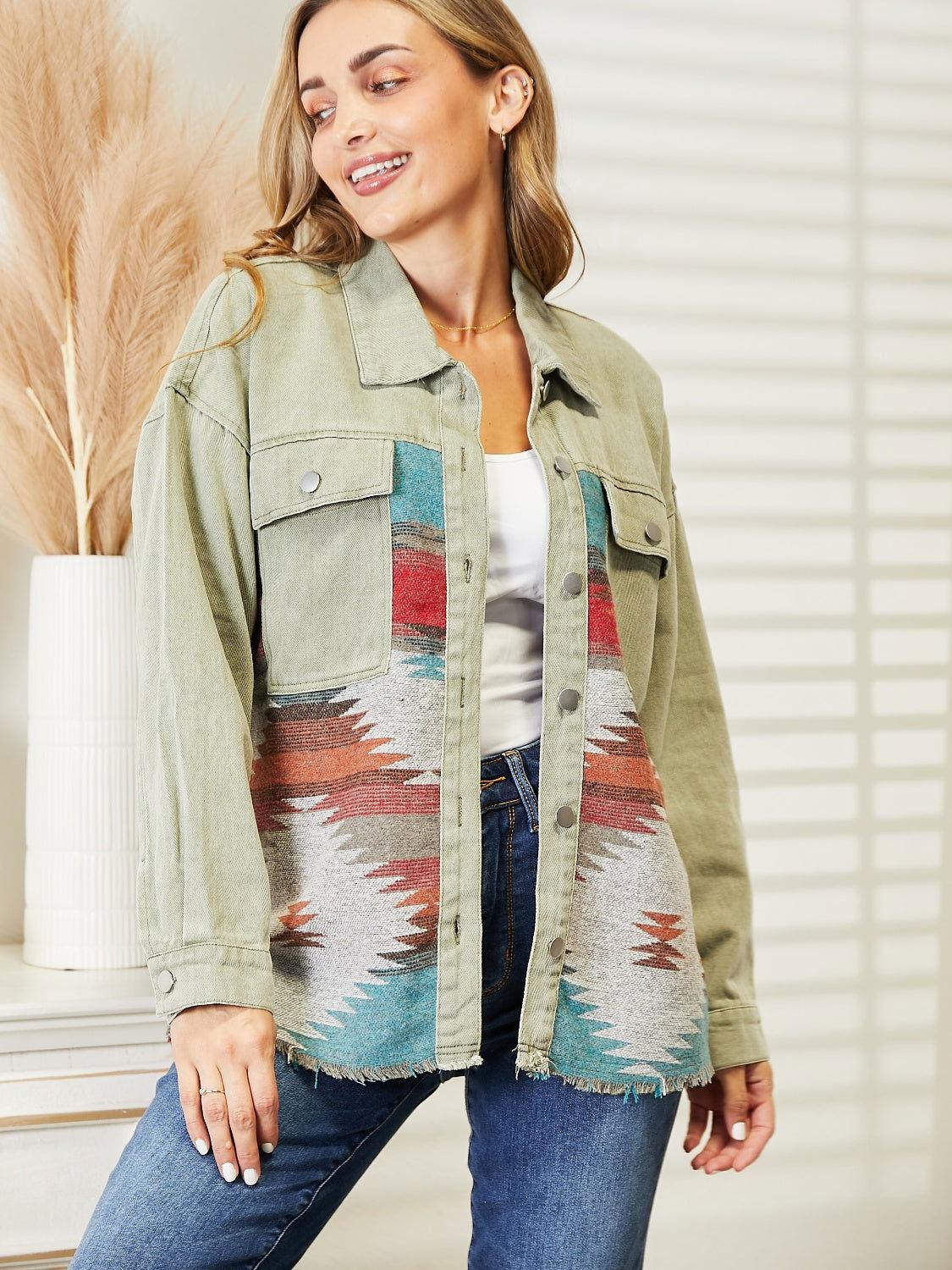 Dropped Shoulder Long Sleeve Printed Denim Jacket - Clothes For Her Online Store