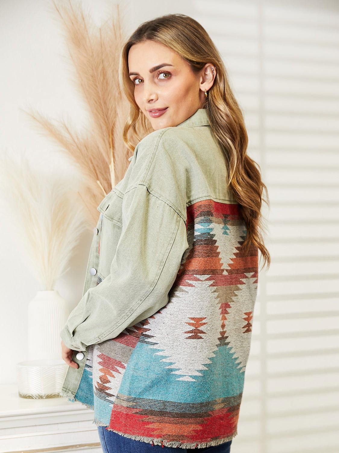 Dropped Shoulder Long Sleeve Printed Denim Jacket - Clothes For Her Online Store