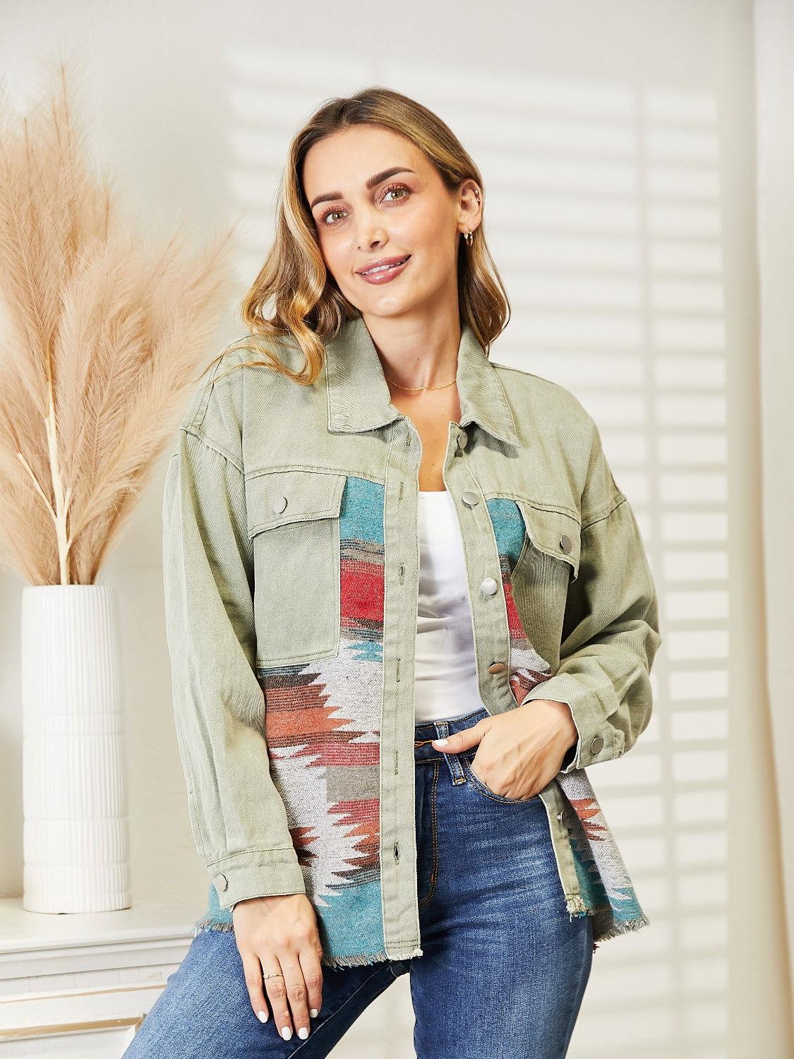 Dropped Shoulder Long Sleeve Printed Denim Jacket - Clothes For Her Online Store