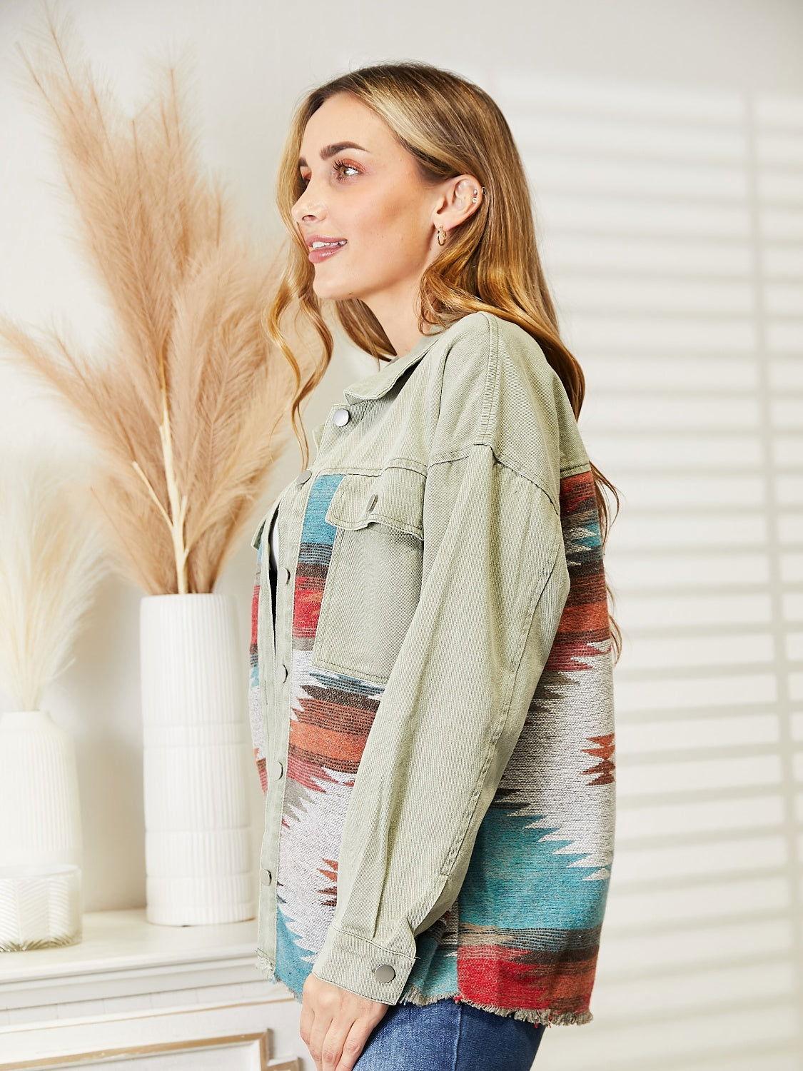 Dropped Shoulder Long Sleeve Printed Denim Jacket - Clothes For Her Online Store