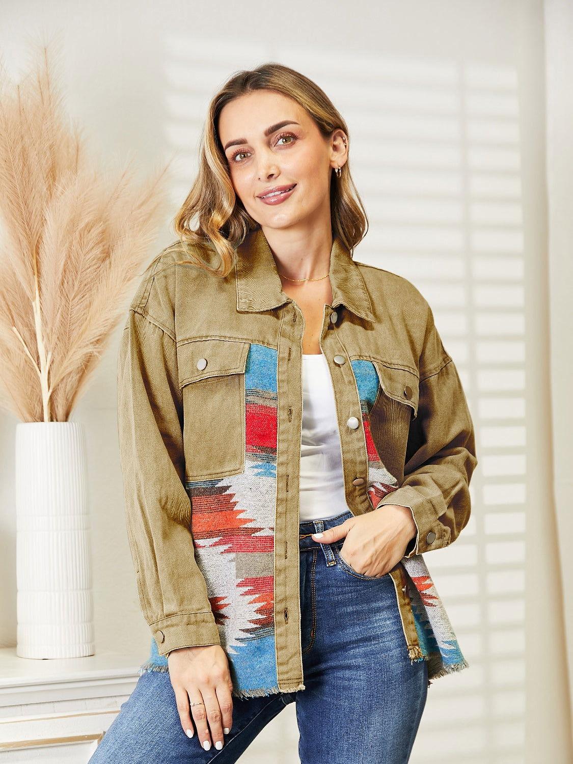 Dropped Shoulder Long Sleeve Printed Denim Jacket - Clothes For Her Online Store