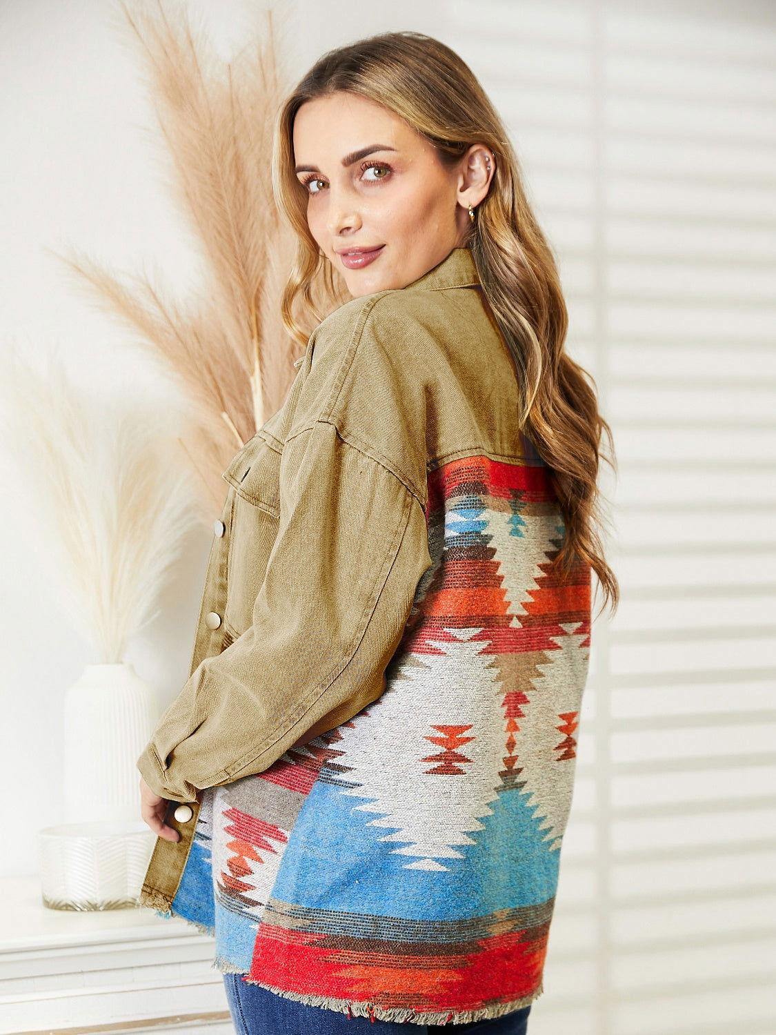 Dropped Shoulder Long Sleeve Printed Denim Jacket - Clothes For Her Online Store