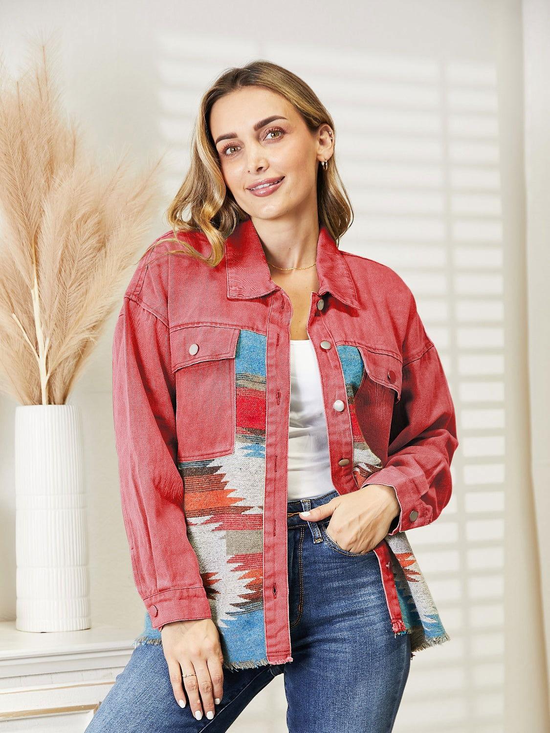 Dropped Shoulder Long Sleeve Printed Denim Jacket - Clothes For Her Online Store