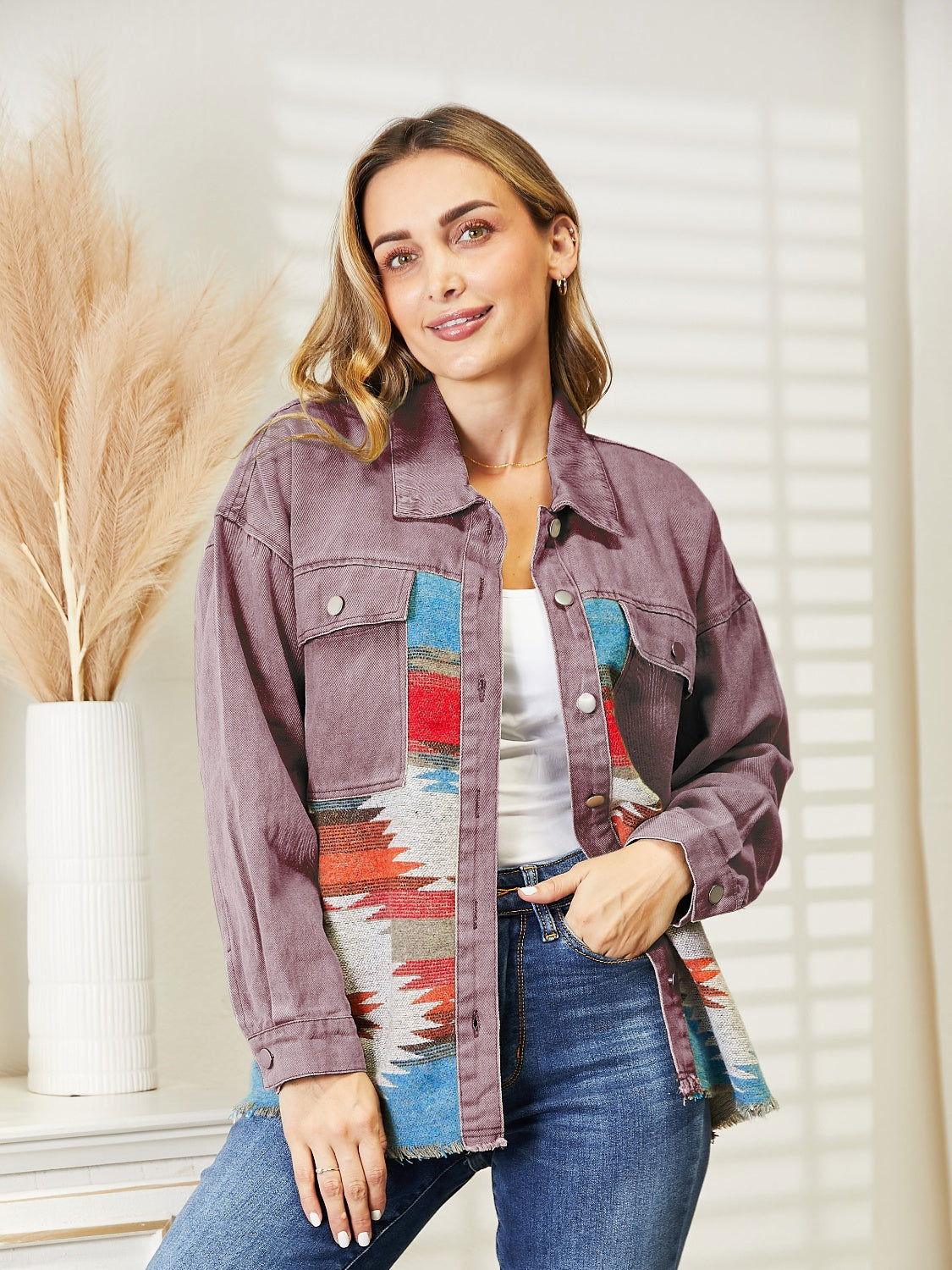 Dropped Shoulder Long Sleeve Printed Denim Jacket - Clothes For Her Online Store