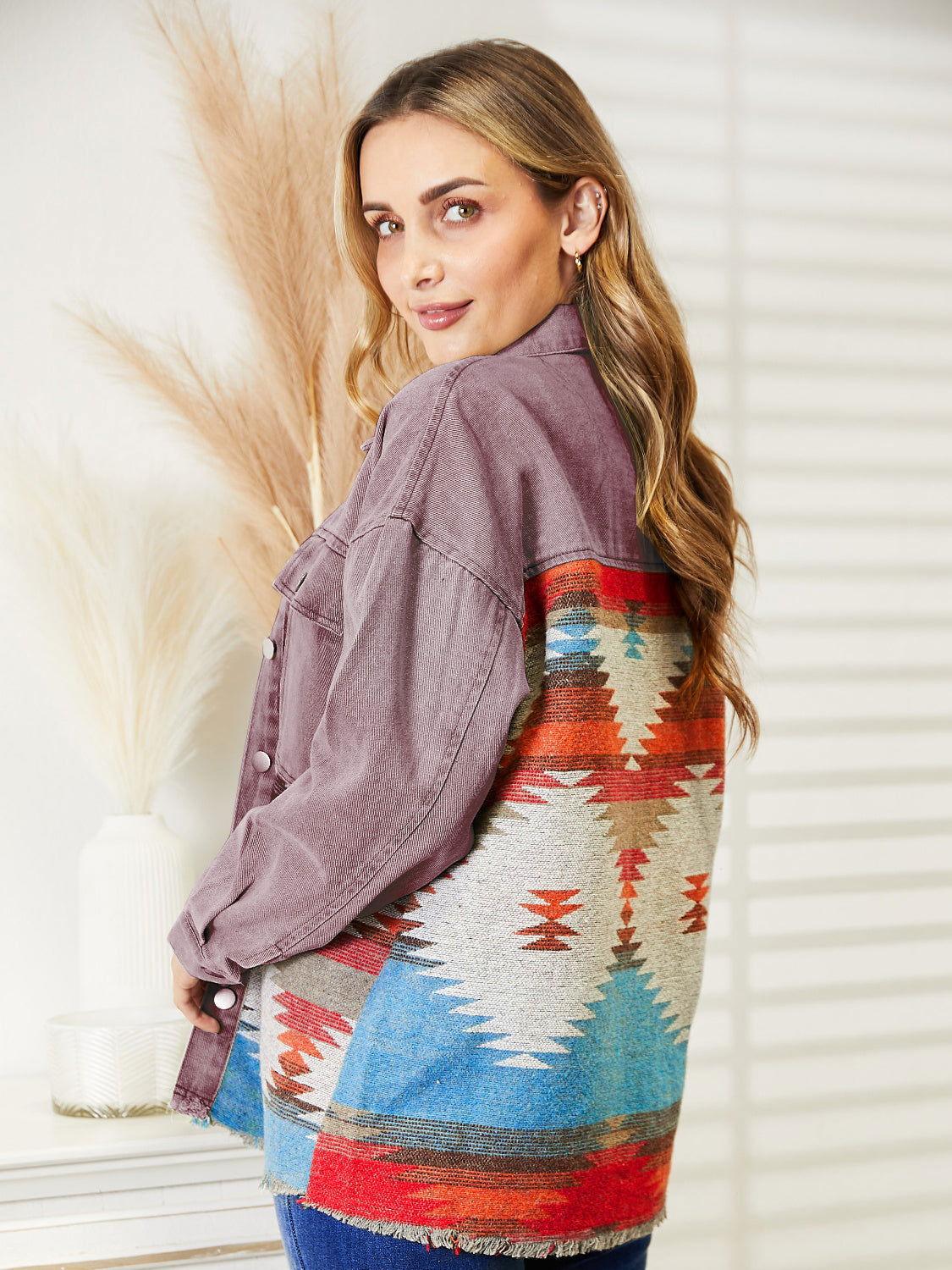 Dropped Shoulder Long Sleeve Printed Denim Jacket - Clothes For Her Online Store