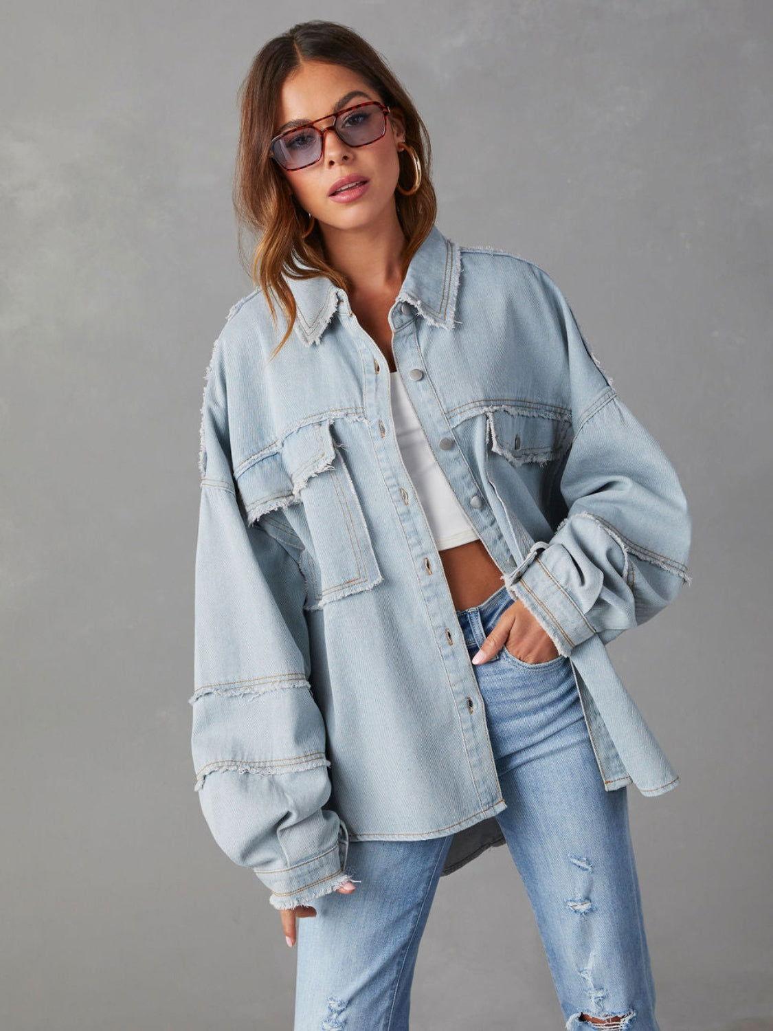 Dropped Shoulder Raw Hem Jacket - Clothes For Her Online Store