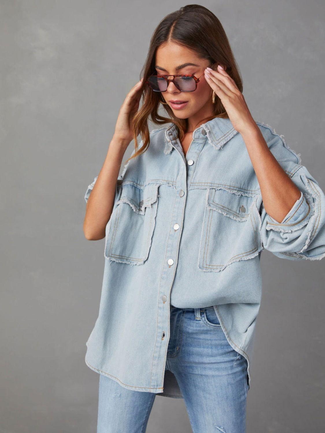 Dropped Shoulder Raw Hem Jacket - Clothes For Her Online Store