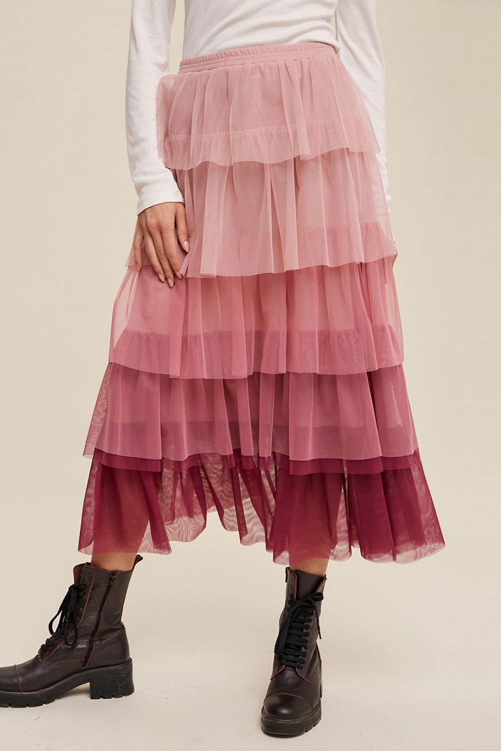 Elastic Waist Layered Tulle Midi Skirt - Clothes For Her Online Store