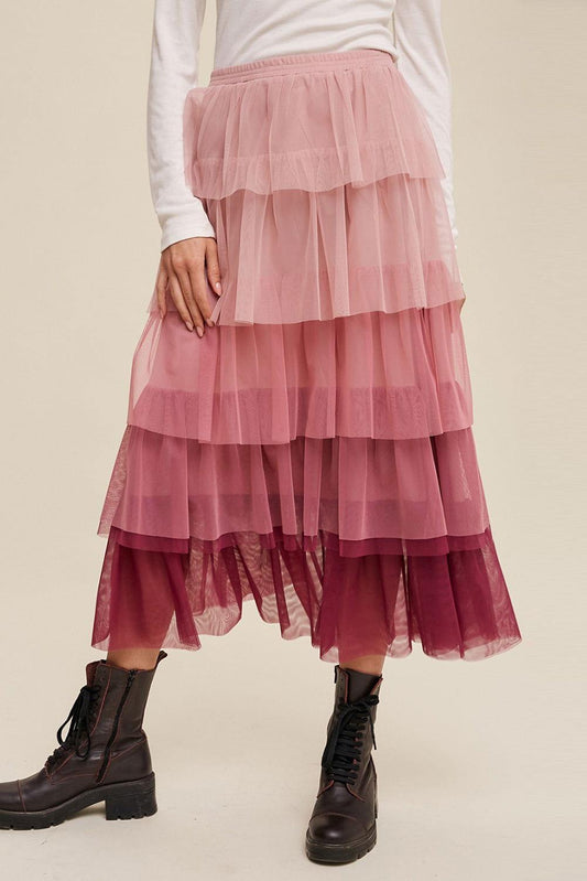 Elastic Waist Layered Tulle Midi Skirt - Clothes For Her Online Store