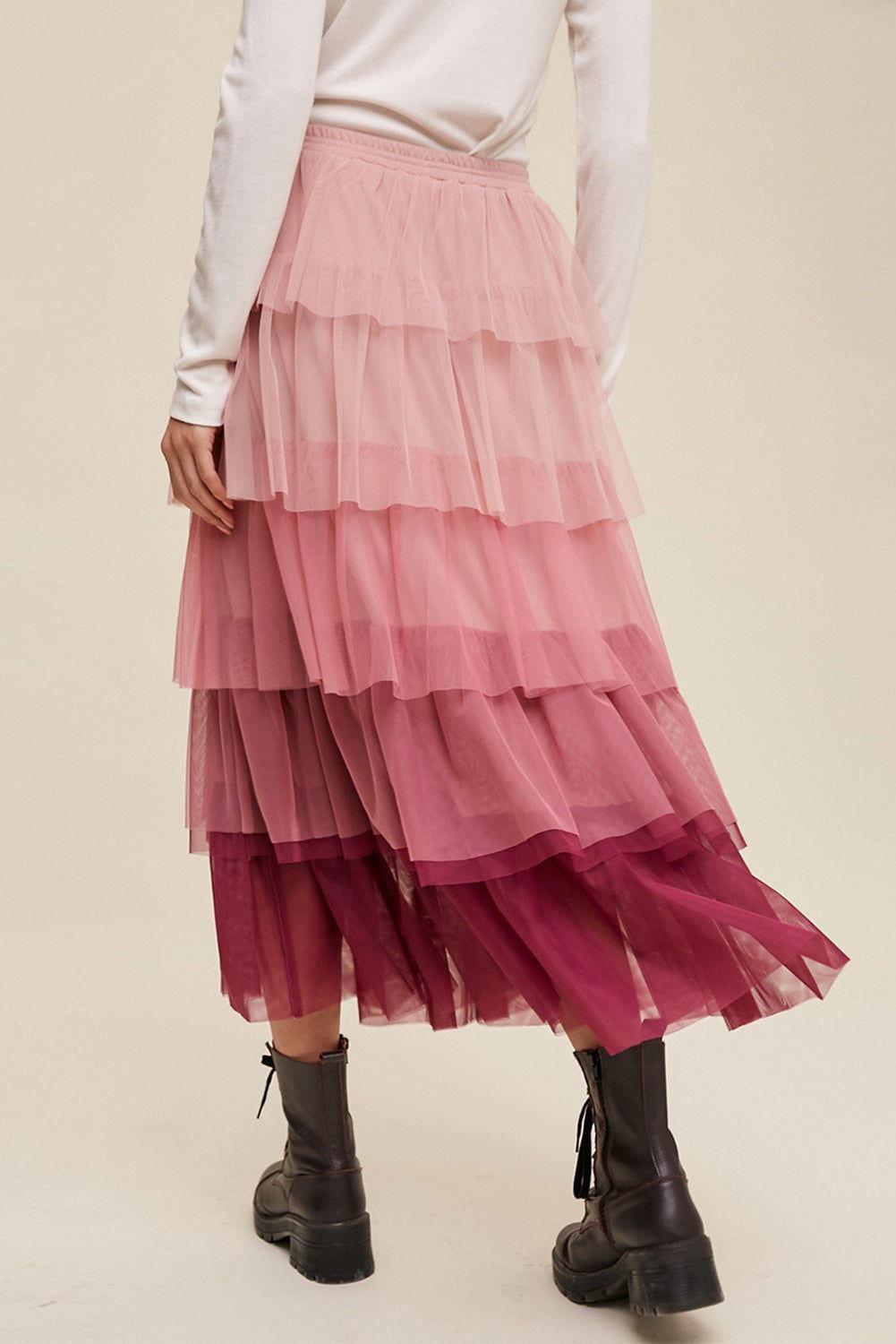 Elastic Waist Layered Tulle Midi Skirt - Clothes For Her Online Store
