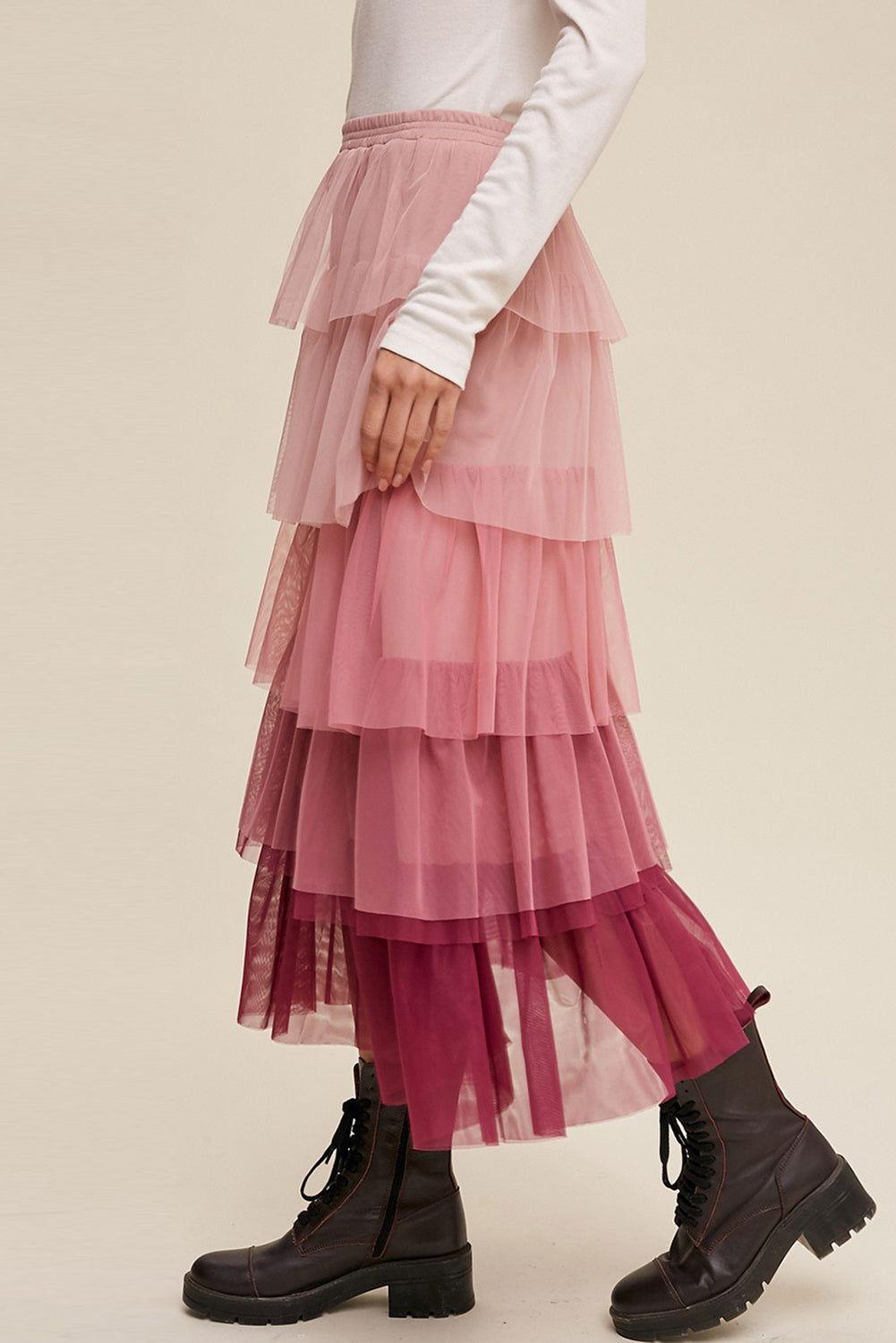 Elastic Waist Layered Tulle Midi Skirt - Clothes For Her Online Store