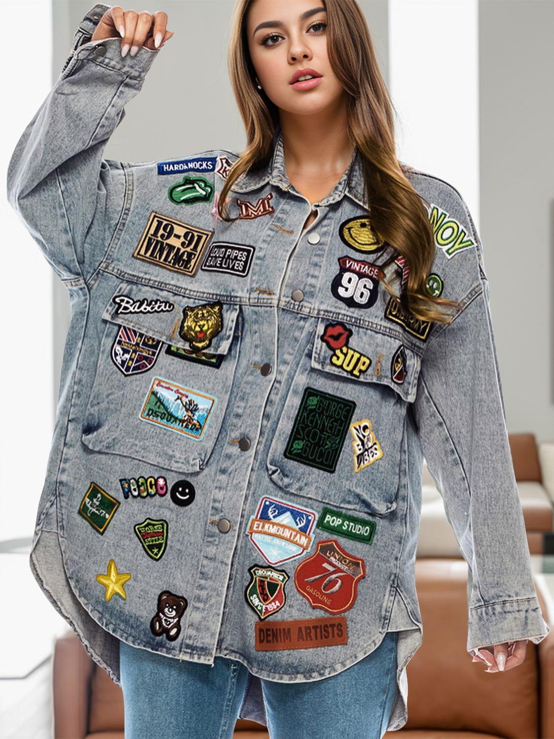 Embroidered Patch Button Up Long Sleeve Denim Jacket - Clothes For Her Online Store