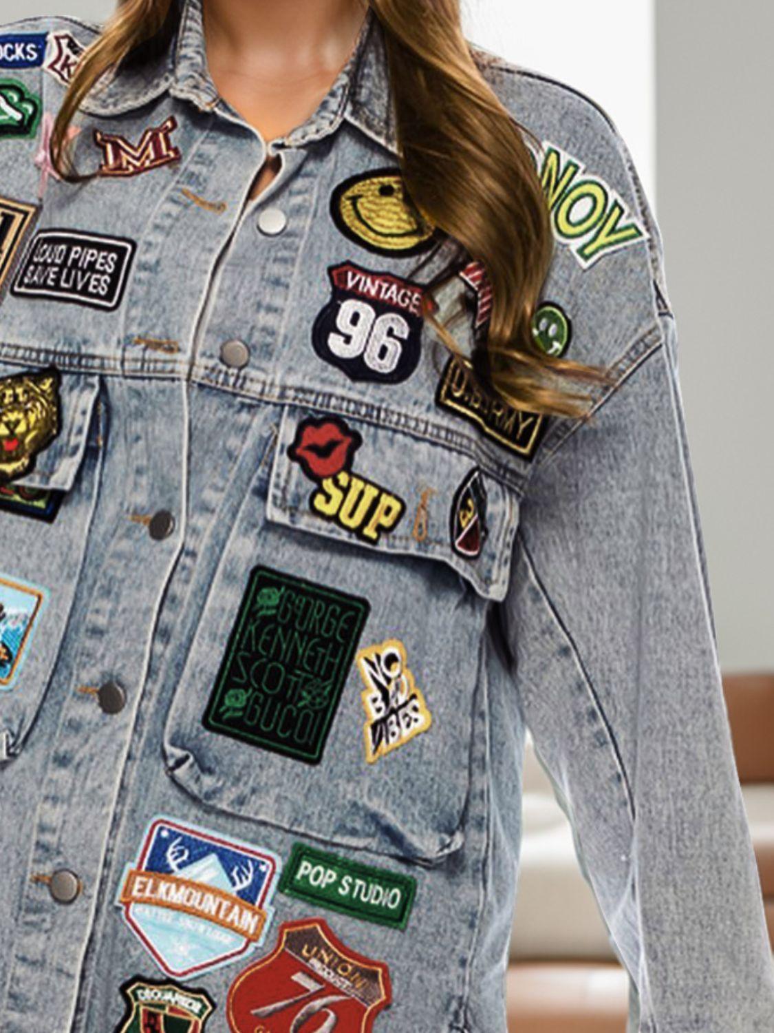 Embroidered Patch Button Up Long Sleeve Denim Jacket - Clothes For Her Online Store