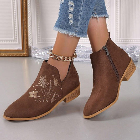 Embroidered Suede Point Toe Block Heel Boots - Clothes For Her Online Store