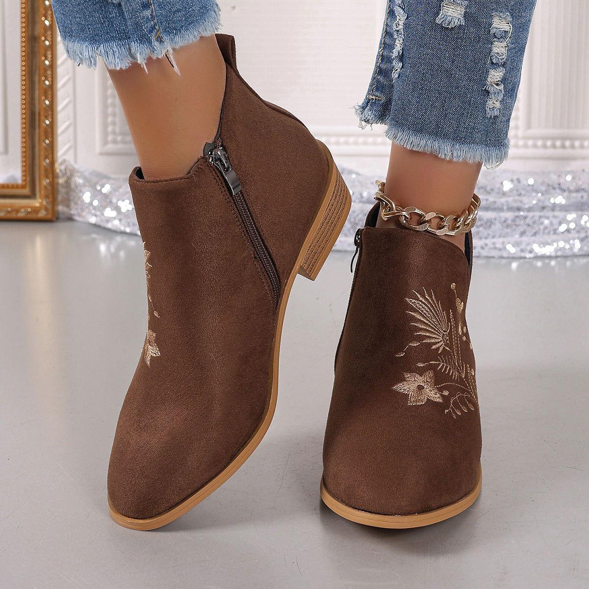 Embroidered Suede Point Toe Block Heel Boots - Clothes For Her Online Store