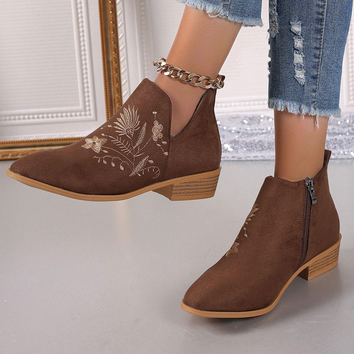 Embroidered Suede Point Toe Block Heel Boots - Clothes For Her Online Store