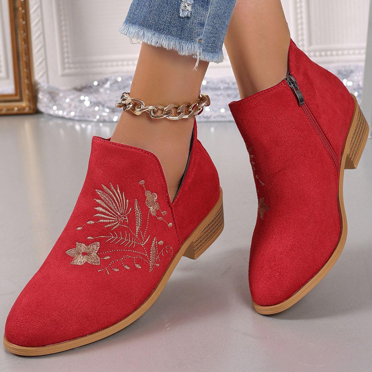 Embroidered Suede Point Toe Block Heel Boots - Clothes For Her Online Store