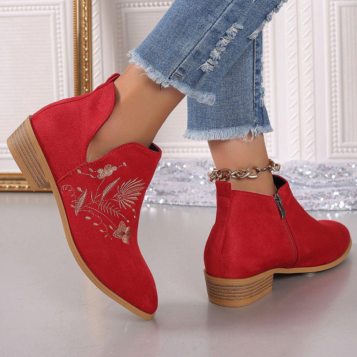 Embroidered Suede Point Toe Block Heel Boots - Clothes For Her Online Store