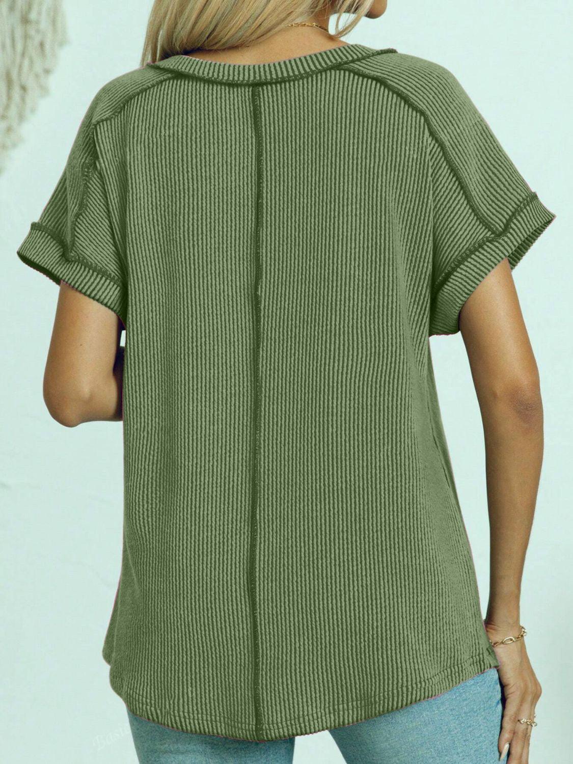 Exposed Seam V-Neck Short Sleeve Top - Clothes For Her Online Store
