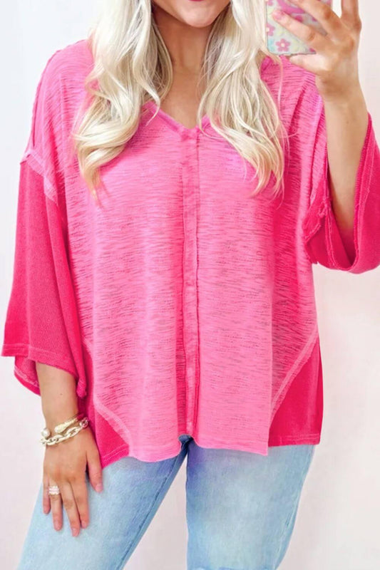 Exposed Seam V-Neck Three-Quarter Sleeve Blouse - Clothes For Her Online Store